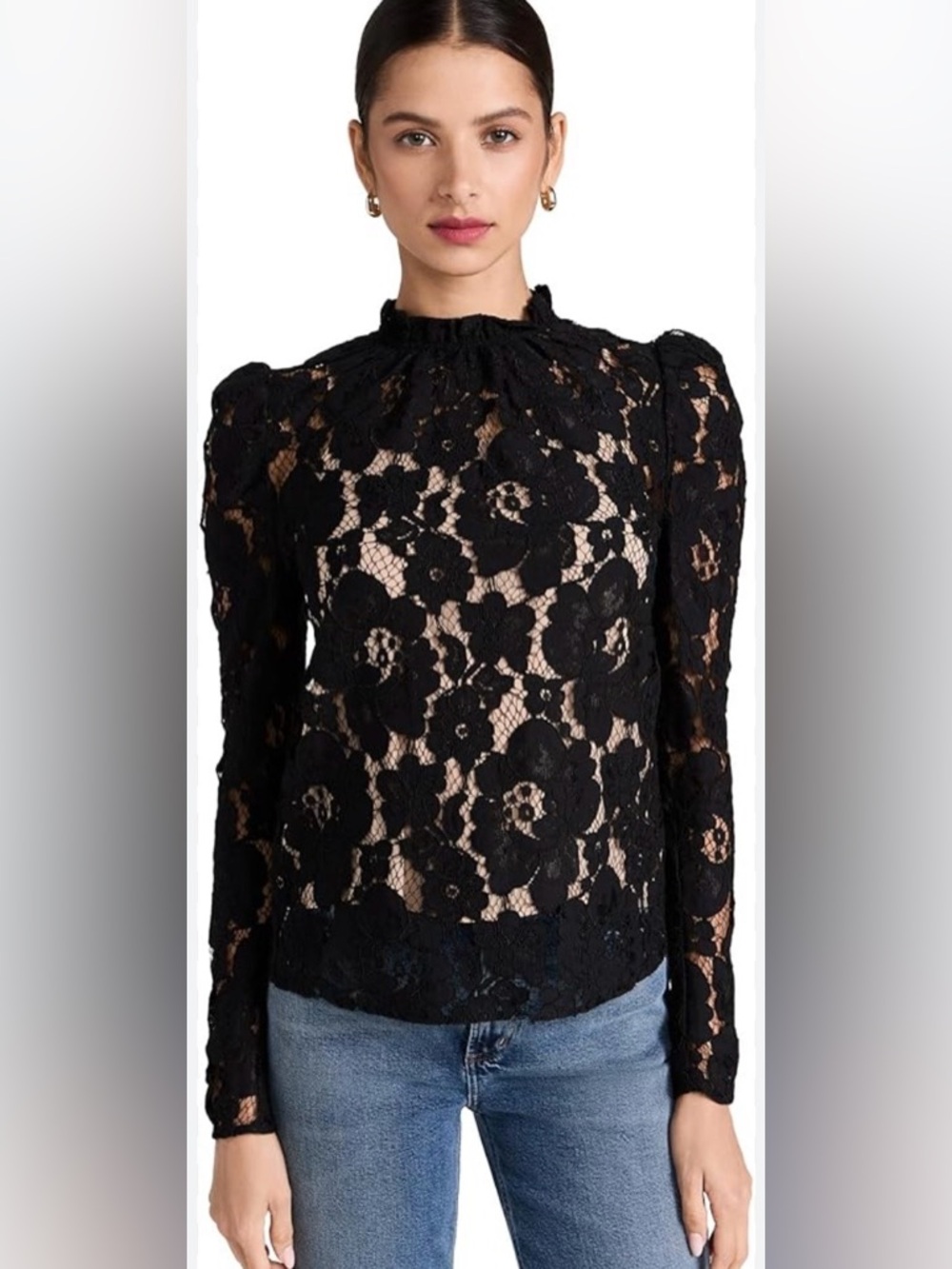 Wayf Black Floral Lace High-Neck Blouse